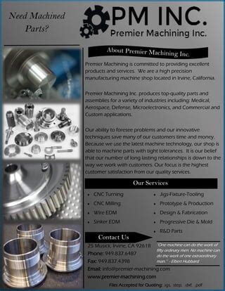 cnc machining irvine|Premier Machining Inc..